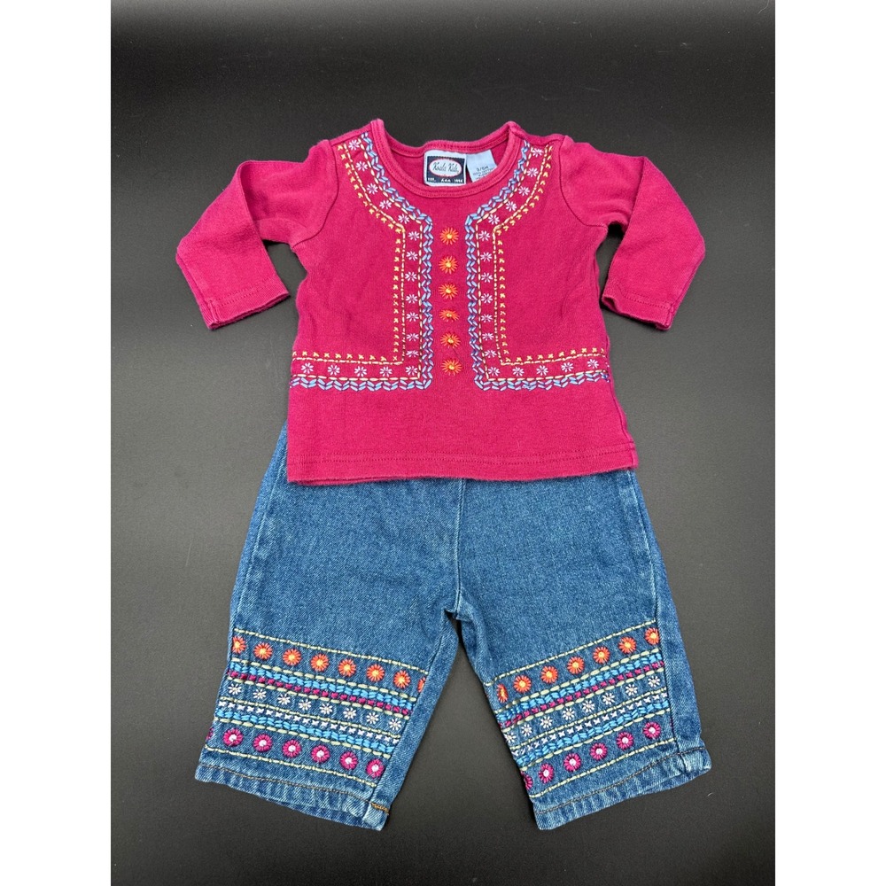 Vintage Koala Kids Infant Girls Outfit Set Top and‎ Denim Shorts Embroidery 3/6M